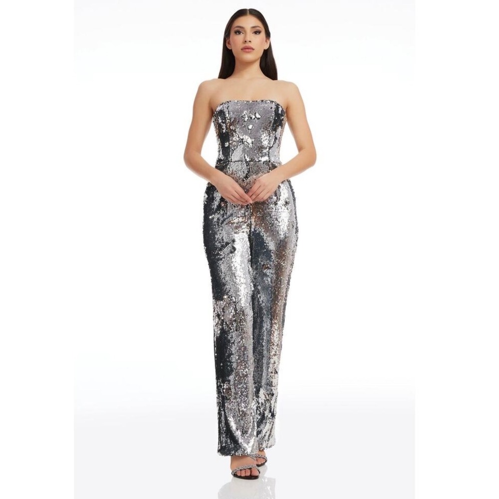 Dress the Population Andy Sequin Strapless Jumpsuit Silver XXS‎ NWT